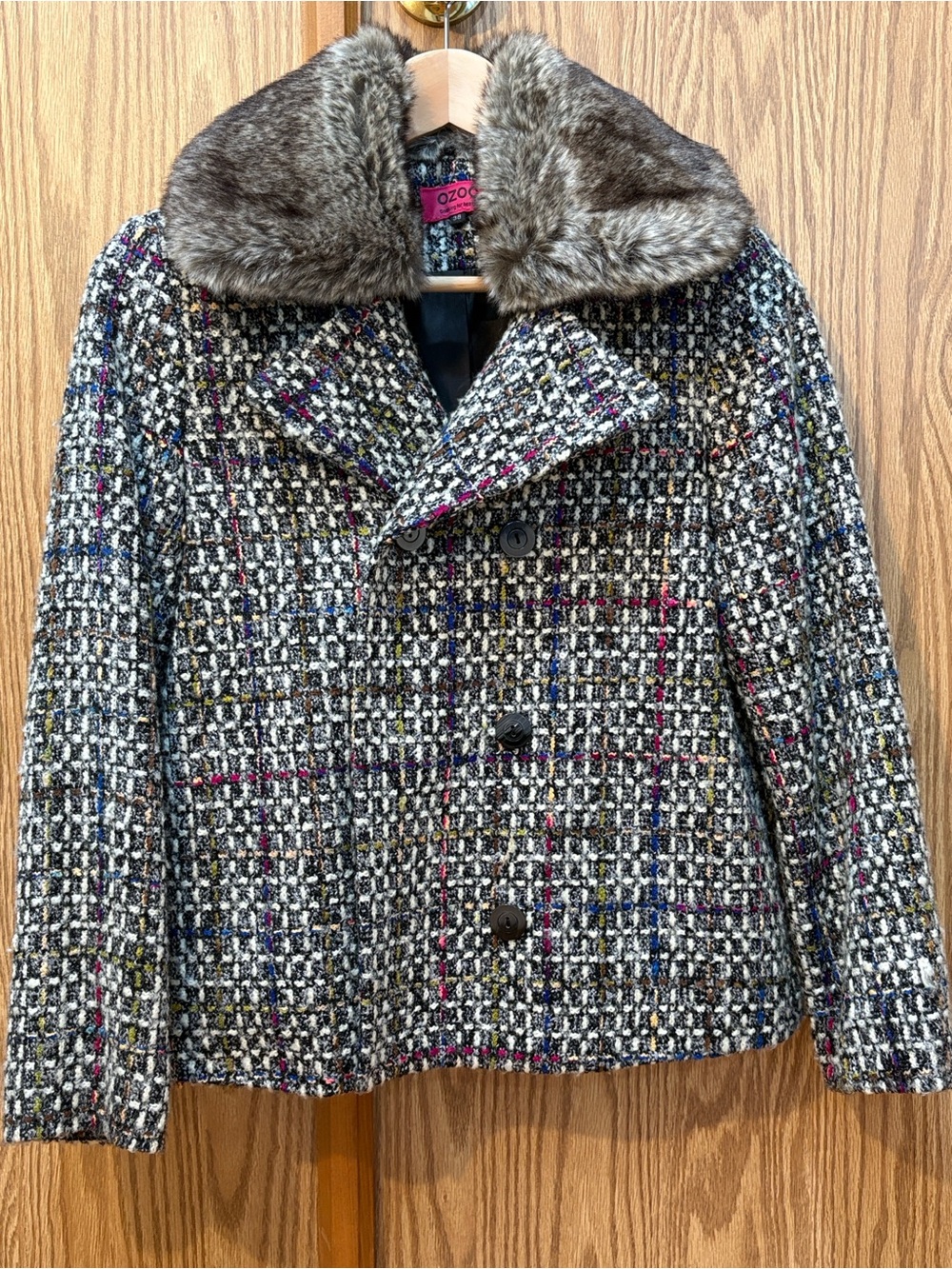 OZOC Vintage Multi-Color Tweed Pea Coat with Removable Faux Fur Collar